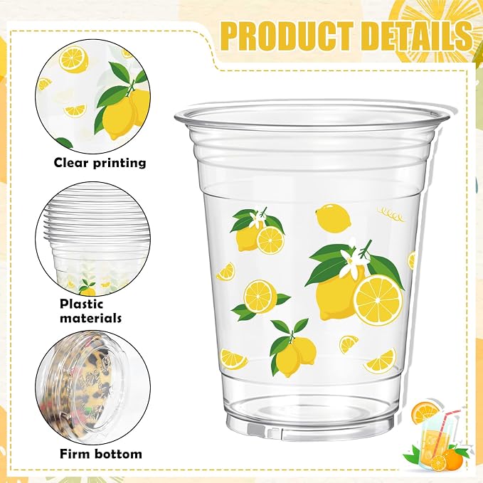 Rngmsi Lemon Plastic Cups for Party - 50 Pcs Lemonade Stand Supplies, 12 OZ Clear Disposable Lemonade Cups, Summer Lemon Party Decorations for Birthday