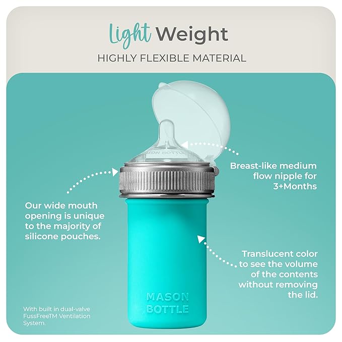 Mason Bottle 8oz Silicone Baby Bottle with Medium Flow Nipple (3+ Months) – Breastfeeding Bottle, Reusable Silicone Squeeze Pouch – BPA & BPS-Free, Non-Toxic, Made in USA (Teal)