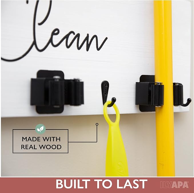 Ilyapa Mop and Broom Holder Wall Mount, Wooden Broom and Mop Organizer Wall Hanging, Magnetic Dryer Sheet Holder, Dryer Sheet Dispenser