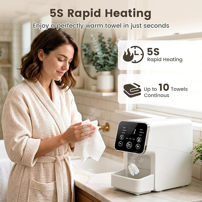 Hot Face Towel Dispenser, 3 Level Temperature and Moisture Control Automatic Towels Warmer, 5S Fast Heating Wipes Heater for Home Spa, Makeup Removal, and Daily Skincare, Plus 50PCS Compressed Towels