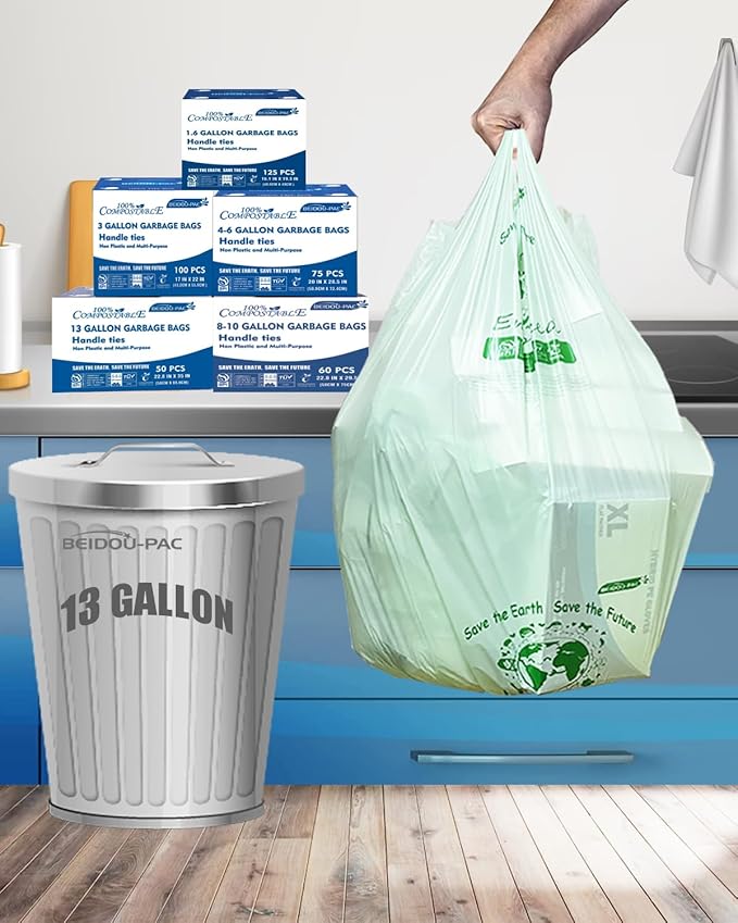 BEIDOU-PAC 13 Gallon Compostable Tall Kitchen Trash Bags with Handle, 50 Count, Sturdy Biodegradable Garbage Bags for Food Scrap Waste, ASTM D6400, US BPI Certified
