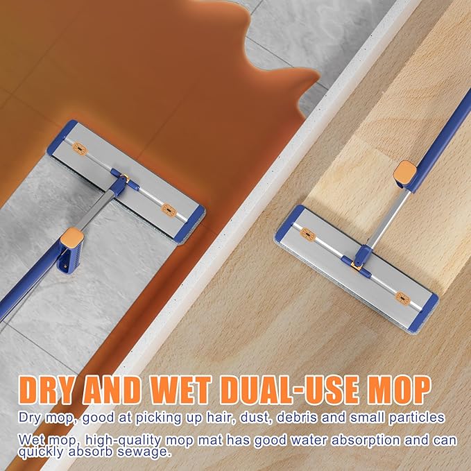 Self Wringing Microfiber Flat Mop and Bucket System with 16.5" Large Head and 55" Long Handle for Floor Wall Cleaning, 5 Microfiber Pads and Foldable Bucket, Wet and Dry