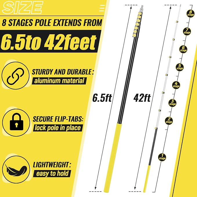 7.7-42ft Long Christmas Light Hanger Pole with Utility Hook, Telescopic Extension Pole Multi-Purpose for Christmas String Lights Installation Painting Cleaning Without Ladder (Yellow)