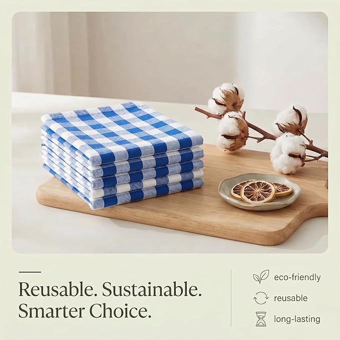 Urban Villa Kitchen Towels 100% Cotton Dish Towels for Kitchen (Set of 6) 20”x30” Dish Cloths Highly Absorbent Kitchen Linen Set with Hanging Loop Perfect for Drying Dishes Cleaning – Blue/White
