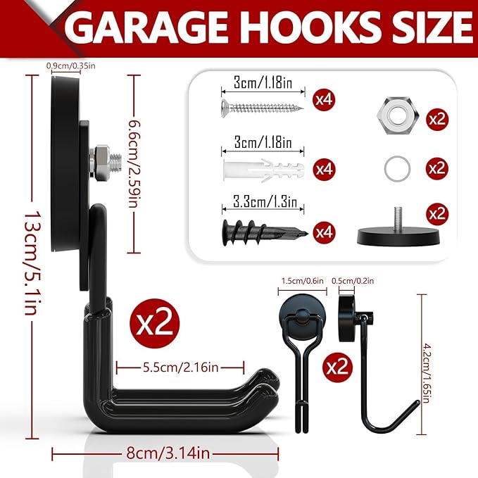 3-H Extra Strong Magnetic Hooks,Heavy Duty Large Anti-Slip Magnet Hooks,No-Drill Tool Holder for Garage,Power Drill,Garden Tools,Hose Storage,2 Pack Black