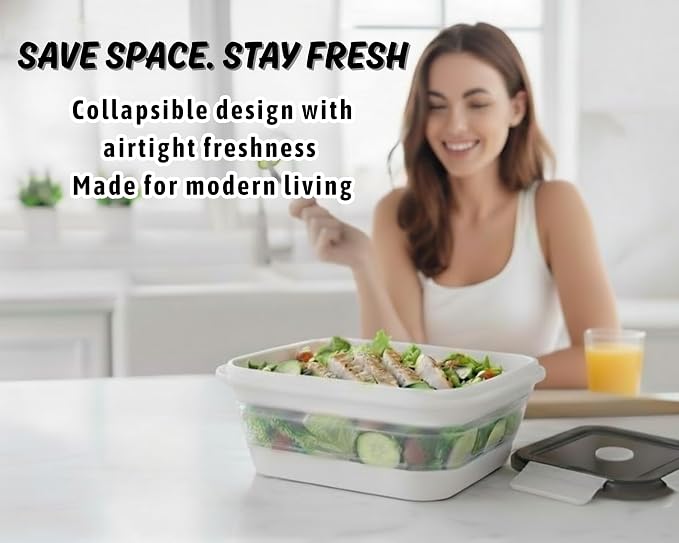 A MILLI Collapsible Food Storage Containers with Lids Set of 2, Silicone Meal Prep Containers, Foldable Stackable Lunch Box, BPA Free Microwave Freezer Dishwasher Safe, Space Saving Kitchen Camping RV