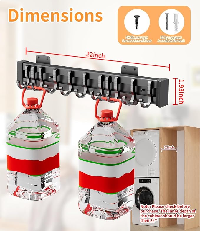 Pull Out Broom Holder With 9 Adjustable Sliding Hook, Multifunctional Slide Broom And Mop Storage/Organizer Garage Organization Hooks, for Closet Laundry - 22inch/56cm