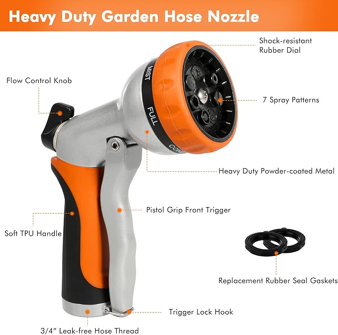 RESTMO Garden Hose Nozzle, Heavy Duty Metal Hose Wand with 7 Adjustable Spray Patterns, High Pressure Hand Sprayer with Flow Control, Best for Watering Plants & Lawns, Washing Cars & Pets