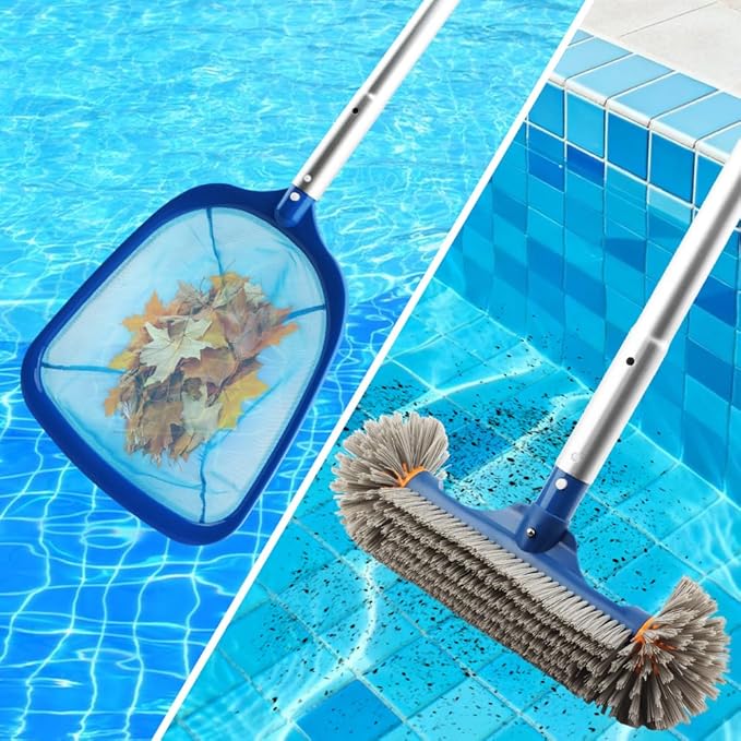 Swimming Pool Cleaning Kit, 12.6 Pool Brush Head, Semi-deep Skimmer Net & Adjustable 76-inch Pole, for Inground & Above Ground Swimming Pools, Removes Debris