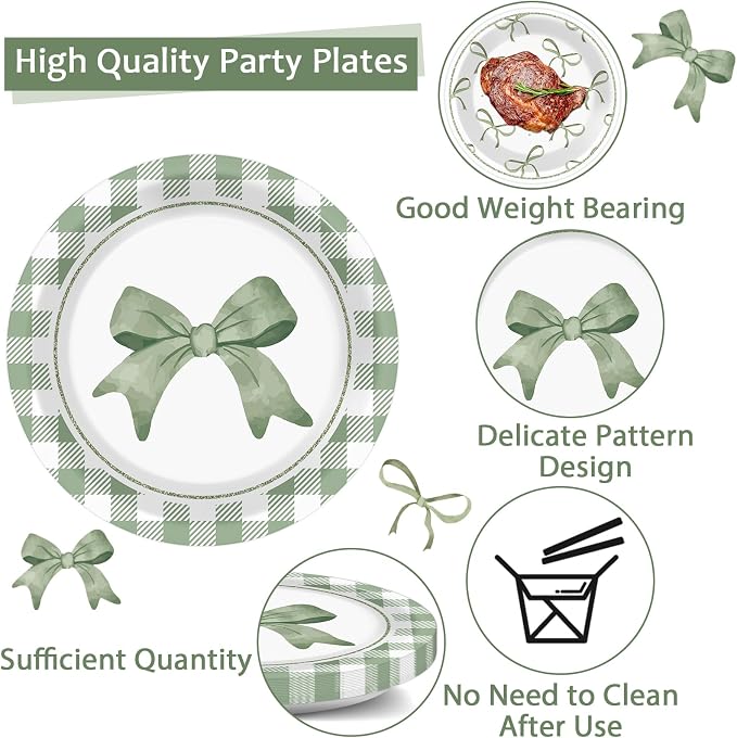 CHUNNIN 96Pcs Green Plaid Bow Spring Plates and Napkins Party Decorations Bow Theme Dessert Paper Plates Napkins Birthday Tableware Set for 24 Guests Girls Baby Shower Picnic BBQ Party Suppliess