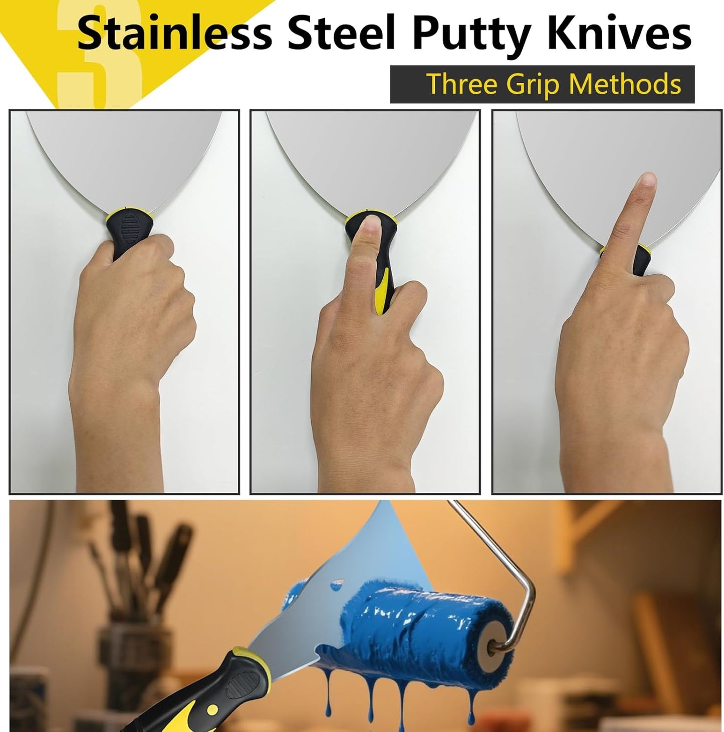 Spackle Knife Set, 5 PCS Stainless Steel Putty Knife Set Include 4 Paint Scrapers and 1 Multi Scraper Tool, Paint Scraper Tool for Drywall Decals (1.5" 3" 4" 6" 10")