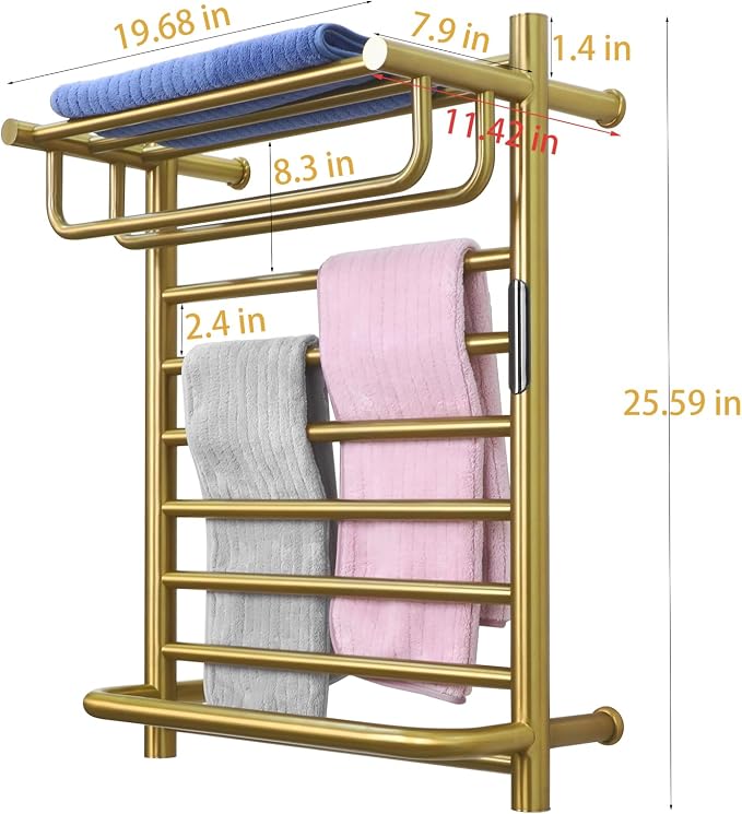 Heated Towel Racks for Bathroom Gold, Gold Towel Warmer Rack Wall Mounted with Top Shelf, Timer & Temperature Control Electric Towel Drying Rack (14 Bars with Top Shelf Brushed Gold A, Plug-in)