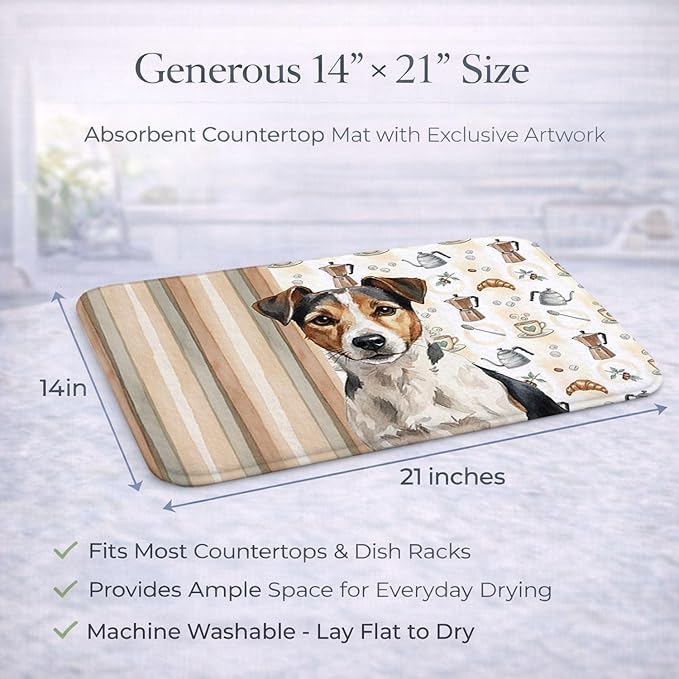 Caroline's Treasures Tricolor Russell Terrier Coffee Bar Dish Drying Mat Absorbent Dish Drying Mat Pad for Kitchen Counter Dish Drainer Mat for Countertop, 14 x 21", Multicolor