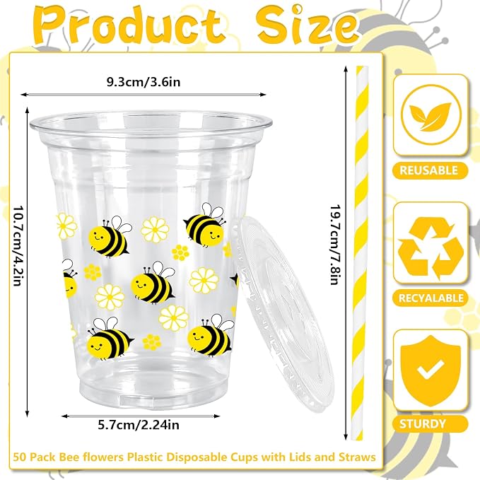 FYSUIMU 50Pcs 12Oz Floral Bee Plastic Cups with Lids & Straws Disposable Clear Drinking Cups for Summer Birthday Baby Shower Party Supplies