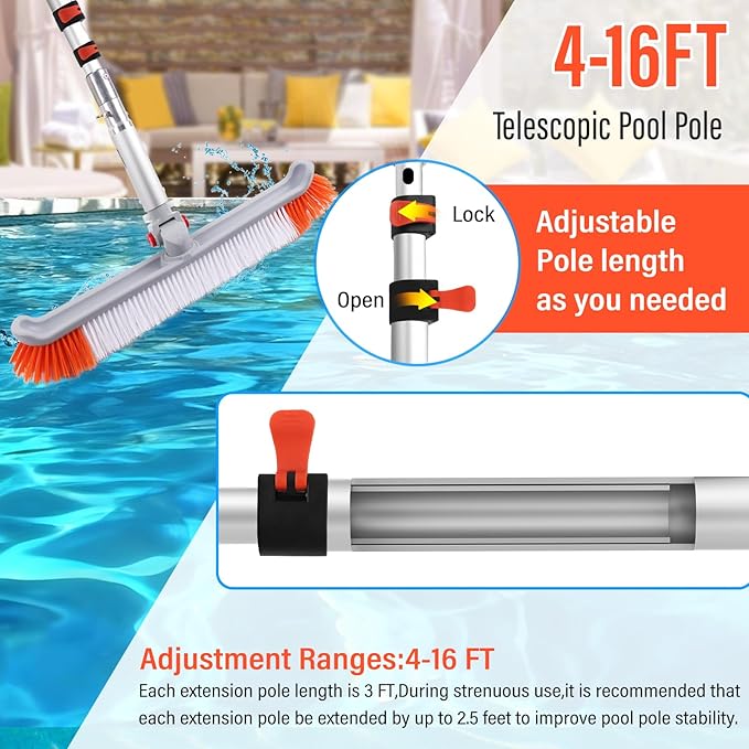 16FT Telescoping Pool Pole with 19" Pool Brush Head,Reinforced Aluminum Adjustable Extension Pole,Heavy Duty Adjustable Pool Cleaning Pole for Inground & Above Ground Pool Wall Tile Floor Cleaning