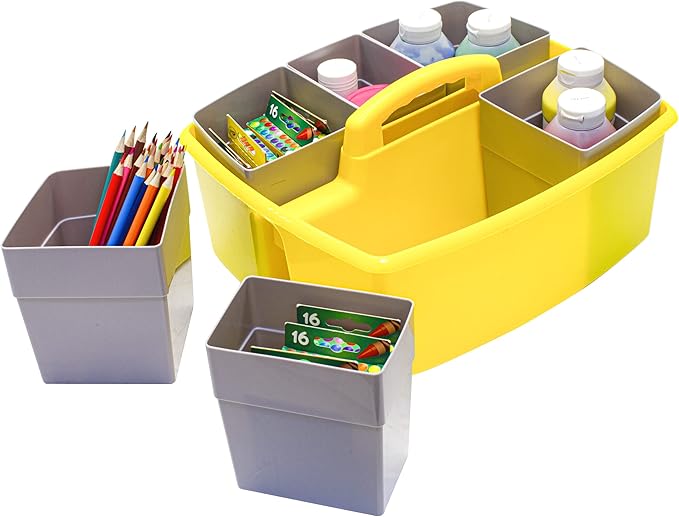 Storex Large Classroom Caddy with Cups, 13 x 11 x 6.575 Inches, Yellow, Case of 2 (00982A02C)