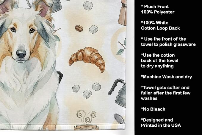 Caroline's Treasures White Collie Coffee Bar Kitchen Towel Velour Plush Front and Cotton Loop Back Machine Washable