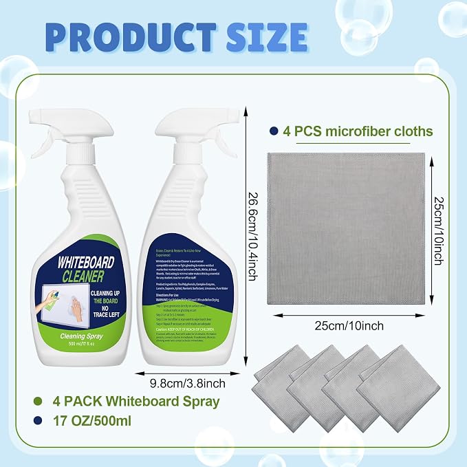 Fuyoooo 8 Pcs Whiteboard Cleaner Set 4 17 fl oz Dry Erase Board Liquid Cleaner with 4 Cloths White Board Cleaning Spray for Classroom Chalkboard Home Office (Light Gray)