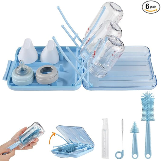 Bottle Brush Set -Baby Travel Essential-6 in 1 Bottle Cleaner Kit with Silicone Bottle Brush,Nipple Cleaner Brush,Straw Brush,Soap Dispenser,Storage Box,Bottle Drying Rack for Home and Travel(Blue)