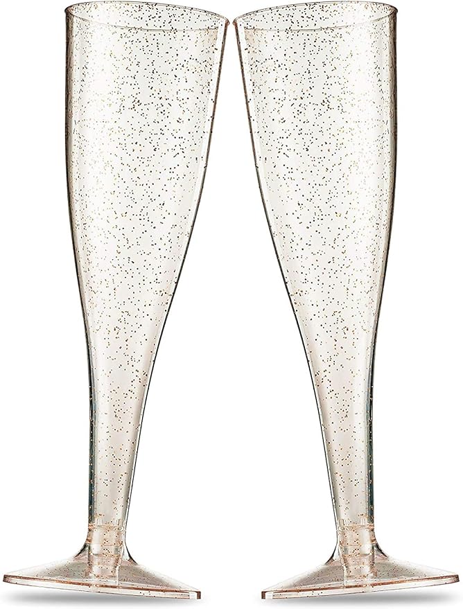 Munfix 100 Plastic Champagne Flutes - 5 Oz Disposable Gold Glitter Champagne Glasses for Parties, Mimosa Bar, Events, Wedding and Shower Party Supplies - Toasting Cocktail Cups