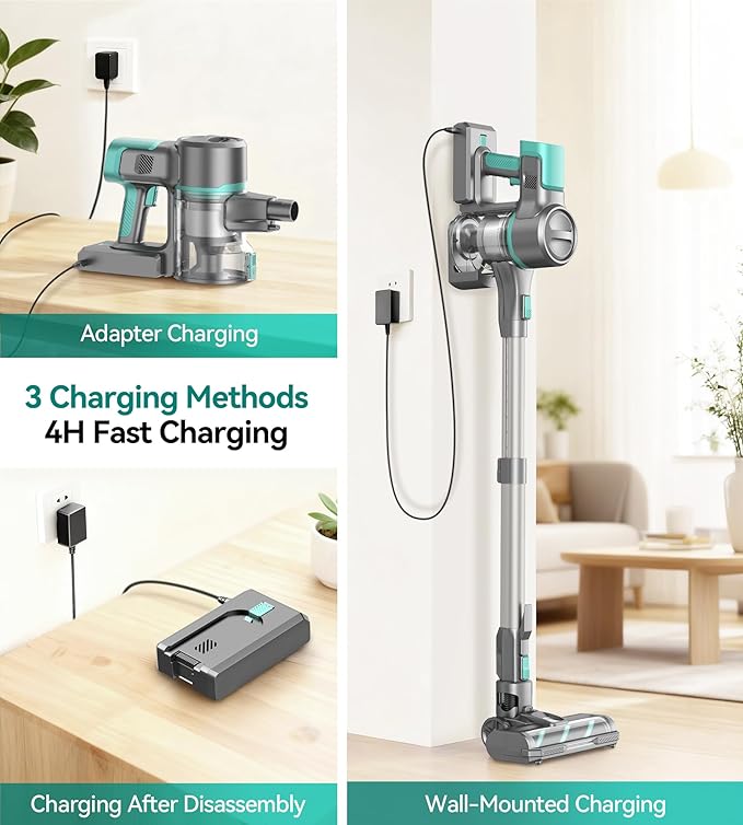 S10K Cordless Vacuum Cleaner, 55Kpa 60mins Lightweight Stick Vacuum with Powerful Suction for Home, Rechargeable, Self-Standing, Handheld Vacuum Cleaners for Hardwood Floors, Carpets, Green