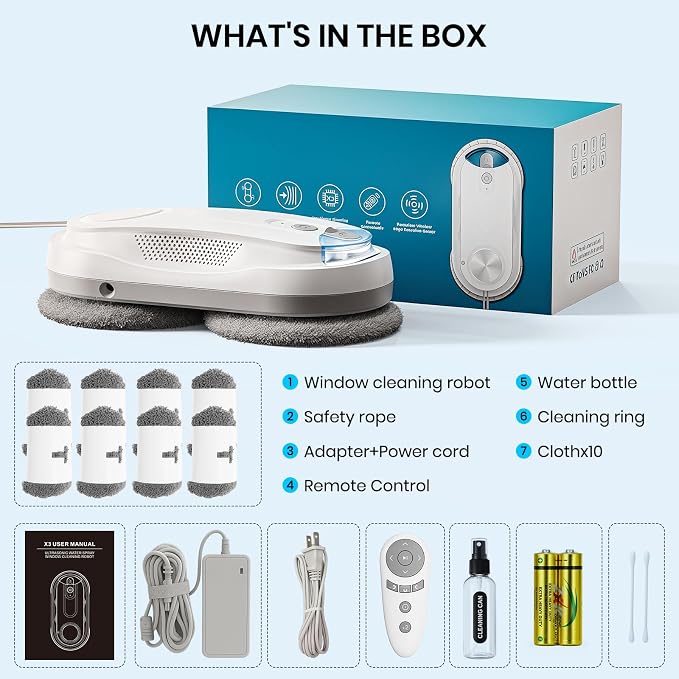 KKI Window Cleaning Robot, Auto Window Cleaner Robot, Dual Spray, Max 3200Pa, AI Path Planning & Edge Detection, Remote Control for High-Rise Windows Outside/Inside,8 Cloths, X3 (White)