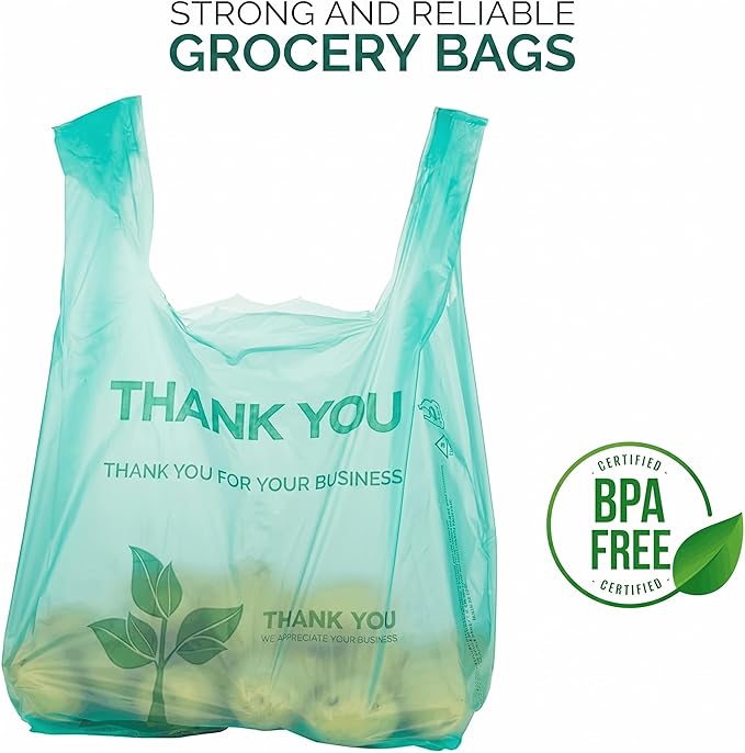 Stock Your Home Eco Grocery Bags Disposable T-Shirt Thank You Bag with Handles for Supermarket, Groceries, Produce, Shopping