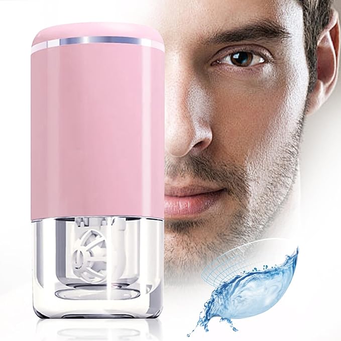Portable Ultrasonic Contact Lens Cleaner with USB Charger and Solution Soak Case - Soft, Colored, Pink