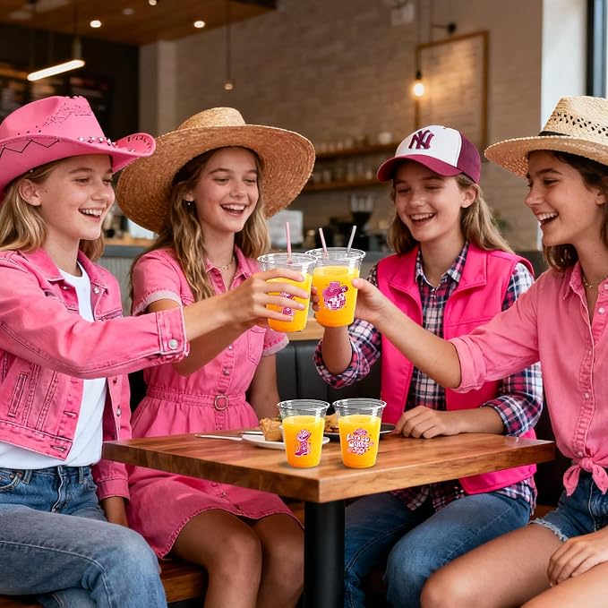 100 Pcs Pink Western Cowgirl Party Plastic Cups 12 OZ Disco Disposable Cups, Cowboy Hat Boot & Disco Ball Designs, Disco Cowgirl Party Baby Shower Decorations
