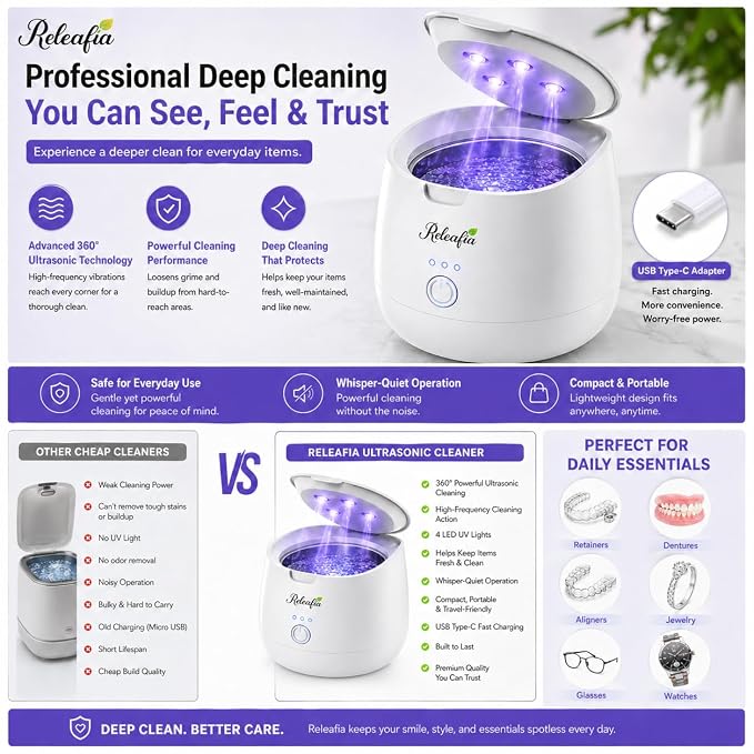 New Releafia – Ultrasonic Denture Cleaner Machine With UV-C Lights | Aligner Cleaner, Mouth Guard Cleaner, Denture Cleaner & Night Guard Cleaner | 45000 kHz Dental Cleaning Pod for Retainers
