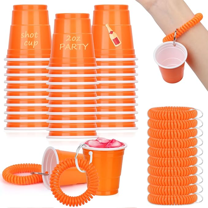 30 Pcs Orange Shot Cups with Wristband for Party 2oz Plastic Shot Glasses Bulk Disposable Mini Shot Glasses with Bracelet Wear On Solo Cups for Party Wedding Birthday Graduation Halloween Thanksgiving
