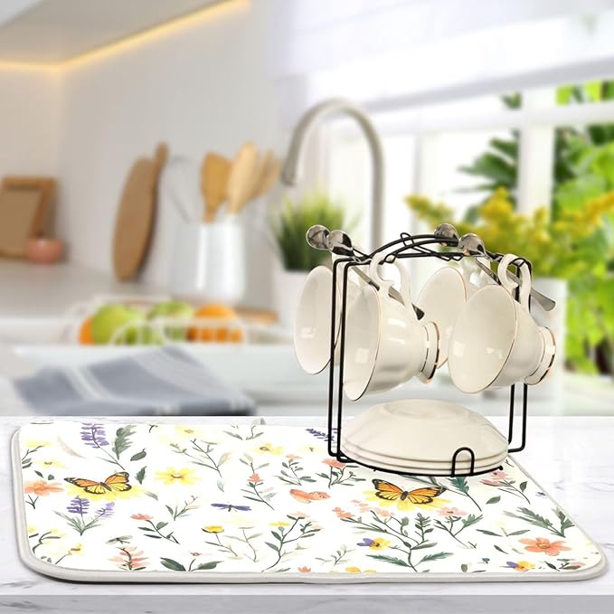 Watercolor Flowers Absorbent Dishes Drainer/Rack Mat for Countertop Small Size 16 x 18, Microfiber Dish Drying Pads Kitchen Counter Draining Pad