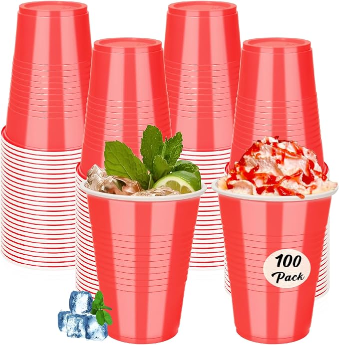 100PCS 16 oz Red Plastic Cups, Disposable Party Cups for Graduation Weddings, Birthdays & Festive Celebrations, Beverage Holiday Camping Barbecues, Reusable Party Supplies