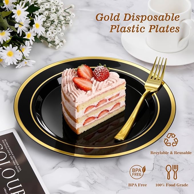 BESTVIP 100PCS Black Plastic Plates, 10.25 Inch Disposable Dinner Plate Party with Gold Rim for Christmas, Thanksgiving, Heavy Duty Disposable Plastic Plates for Party, Wedding and Birthday, Events