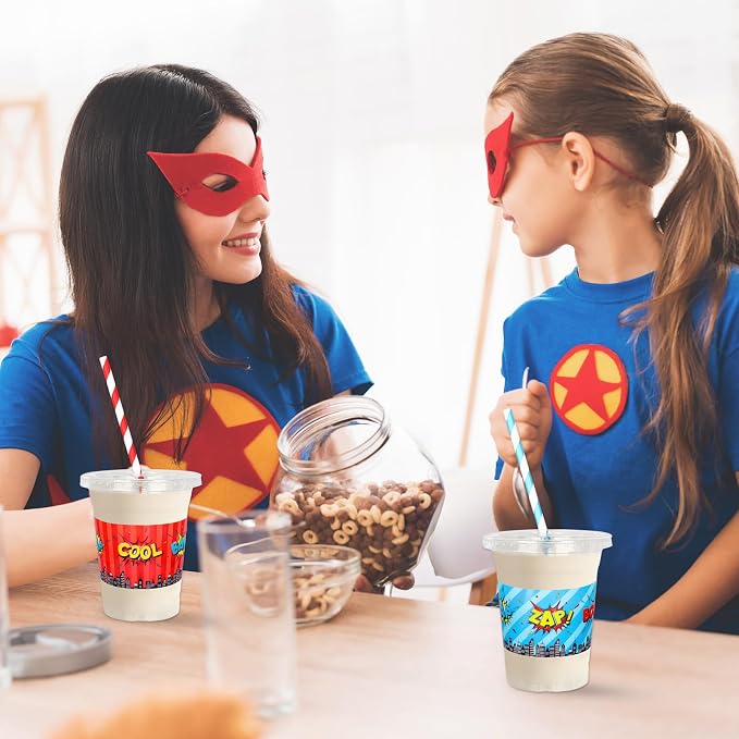 FYSUIMU 100Pcs 12Oz Hero Party Disposable Plastic Cups with Lids and Straws Super Hero Theme Cold Beverage Drinking Cups for Home Kitchen Party Supplies