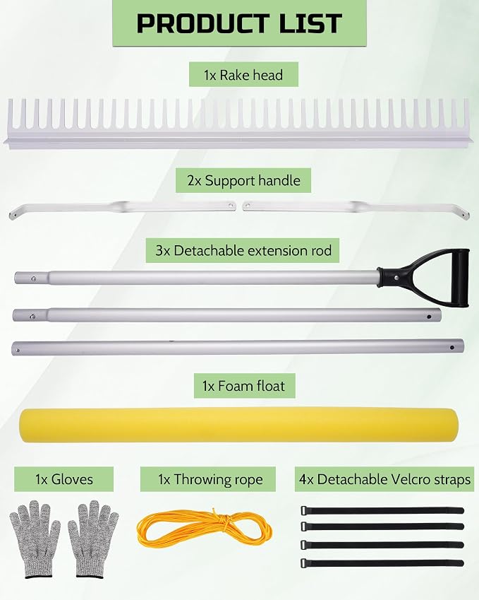 Pond Rake, 36" Floating Rake with 8.5ft (102in) Extension Handle & 20ft Rope, Aluminum Aquatic Weed Rake for Lake, Heavy Duty Landscape Rake for Algae, Muck & Debris Removal, 2-in-1 Water & Land Tool