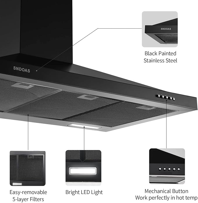 SNDOAS Black Range Hood 36 inches,Stainless Steel Wall Mount Range Hood Black,Kitchen Hood Vent with Ducted/Ductless Convertible,Hood Vents for Kitchen,Ductless Range Hood,Vent Hood 36 inch