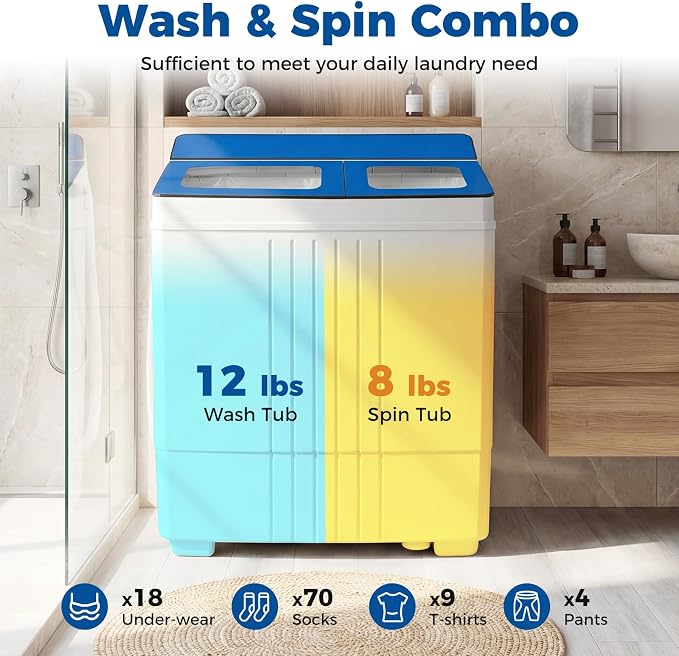 Giantex Portable Washing Machine, 20LBS Twin Tub Mini Compact Laundry Washer Spinner Combo with Drain Pump, 12Lbs Washer and 8Lbs Spinner for Apartments, RVs, Dorms, Blue+White