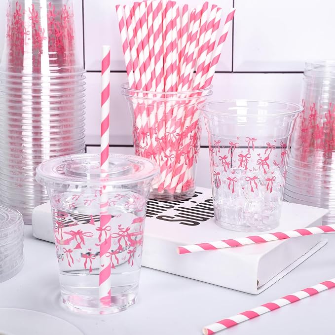 JarThenaAMCS 50Pcs Pink Bow Disposable Plastic Cups with Lids and Straws 12oz Cute Bow Heart Cold Beverage Drinking Cups for Bridal Shower Wedding Birthday Party Supplies