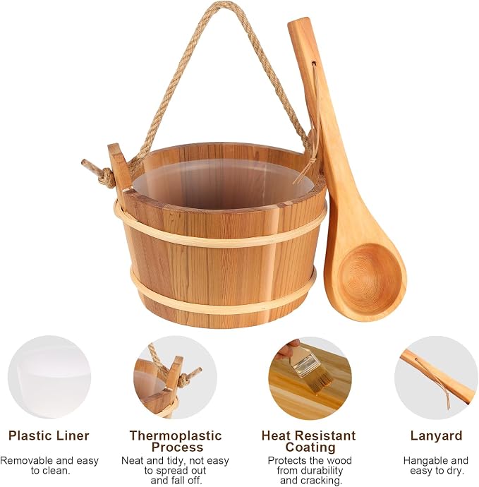 Wooden Sauna Bucket and Ladle Set, Handmade from Natural Pine with Rope Handle,4L (4L Cedar Wood)