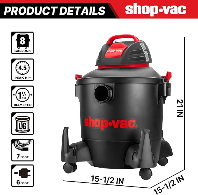 Shop-Vac 5922805 Wet/Dry Vacuum, 8 Gallon, 4.5 Peak HP, 1.25 Inch Diameter x 7 Foot Hose, 6 Foot Cord, Ideal for Jobsite, Garage, Workshop & Home