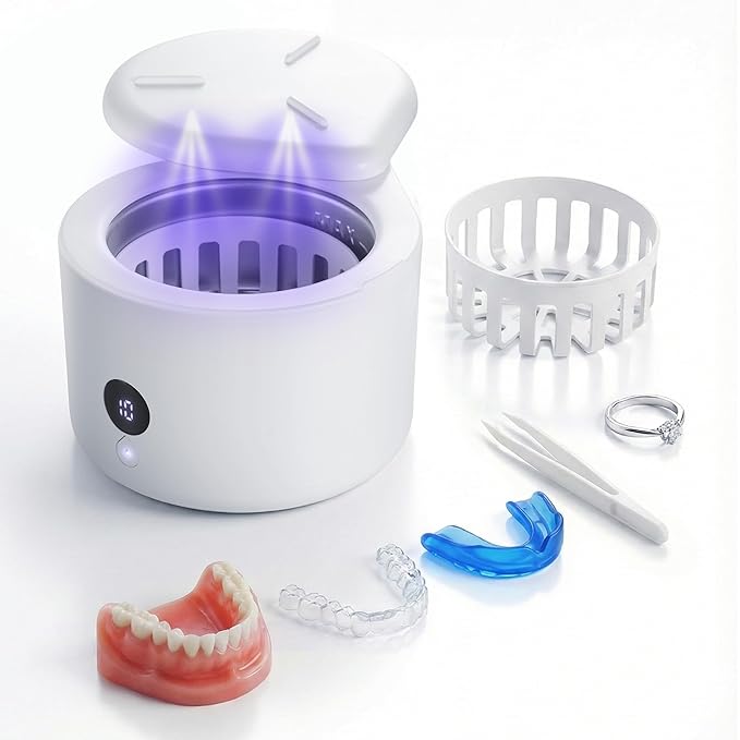 45khz Ultrasonic Retainer Cleaner Machine, Dental Cleaning Pod with 4 Modes & Digital Timer, Mouthguard Cleaner for Dentures, Aligners, Mouth Guards, Night Guards, Jewelry