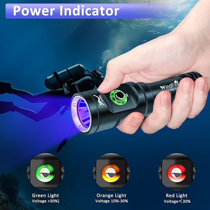 WINDFIRE Dive Light, 395 nm UV Scuba Flashlight, Waterproof Black Light Flashlight with Power Indicator for Scuba Diving, Underwater Fluorescence & Pet Urine Detection