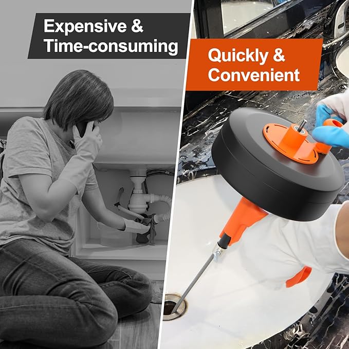35ft Drain Snake Auger, Plumbing Snake With Drill Adapter, Heavy Duty Flexible Sink Steel Plumbing Auger Bathroom Hair Clog Removal Tool, Manual Or Powered - No auto retract or feed
