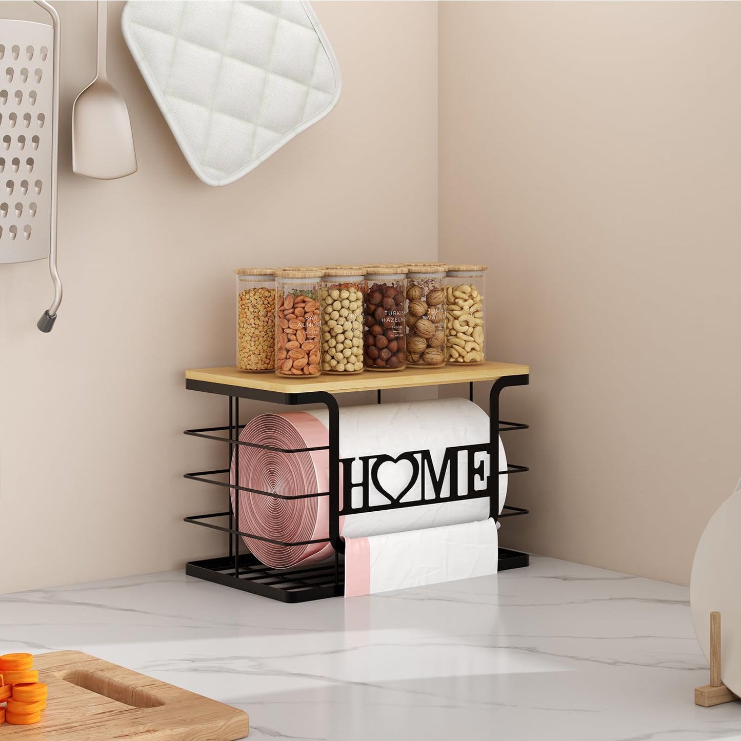 Trash Bag Holder, Thipoten Trash Bags Dispenser with Bamboo Top, Suitable for Garbage Bags Purchased Online or Supermarket, Perfect Storage Organizers for Cabinet, Under Sink (Black, Extra Large)