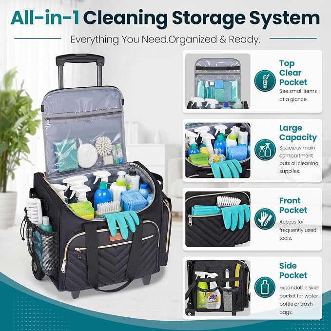INSMEER Cleaning Caddy with Wheels, Large Cleaning Cart on Wheels with 3 Removable Clear Bags and 1 Shoulder Bag, Water Resistant Cleaner Supplies Organizer with Wheels for Kitchen, Tool Organizer