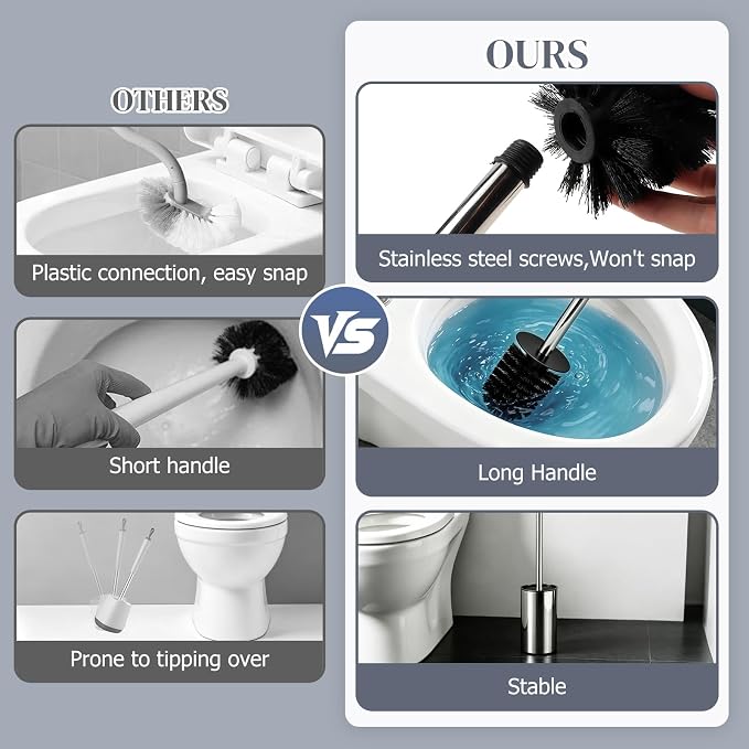 Toilet Brush,Toilet Brush and Holder Set,Stainless Steel Toilet Bowl Brush and Holder for Bathroom,Heavy Duty Toilet Bowl Brush with Long Handle,Toilet Brush with Sleek Design and Removable Inner Bowl