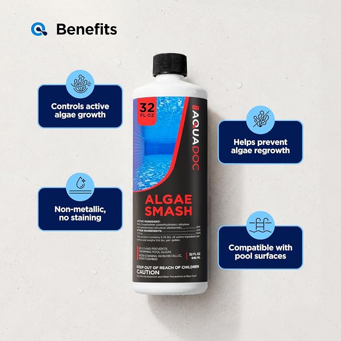 AquaDoc Algae Smash Polyquat 60 Algaecide for Swimming Pools - 32 oz - Non-Foaming, Non-Staining Formula to Help Remove and Prevent Algae in Inground and Above Ground Pools - Made in USA