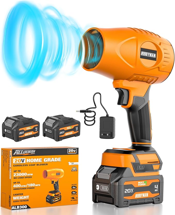 ALLOYMAN Leaf Blower Cordless 20V, 400 CFM 180MPH Electric Leaf Blower with Battery and Charger, Lightweight Handheld Blower with Adjustable Speed for Lawn Care, Yard, Patio, Leaves and Dust