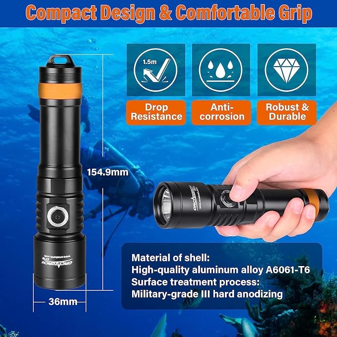 ORCATORCH D710 Scuba Diving Light, 3000 Lumens Super Bright Underwater Flashlight with 6 Degrees Narrow Beam, IP68 Waterproof Night Dive Torch 150 Meters Submersible Light (Black)
